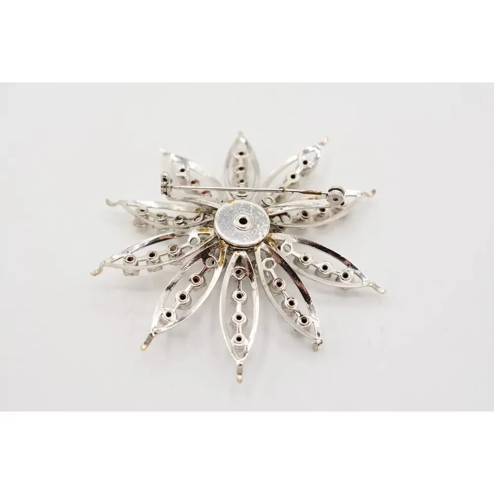 Vintage Crystal Flower Pin Brooch Baguette Prong Rhinestone Silver 1960s BinAL